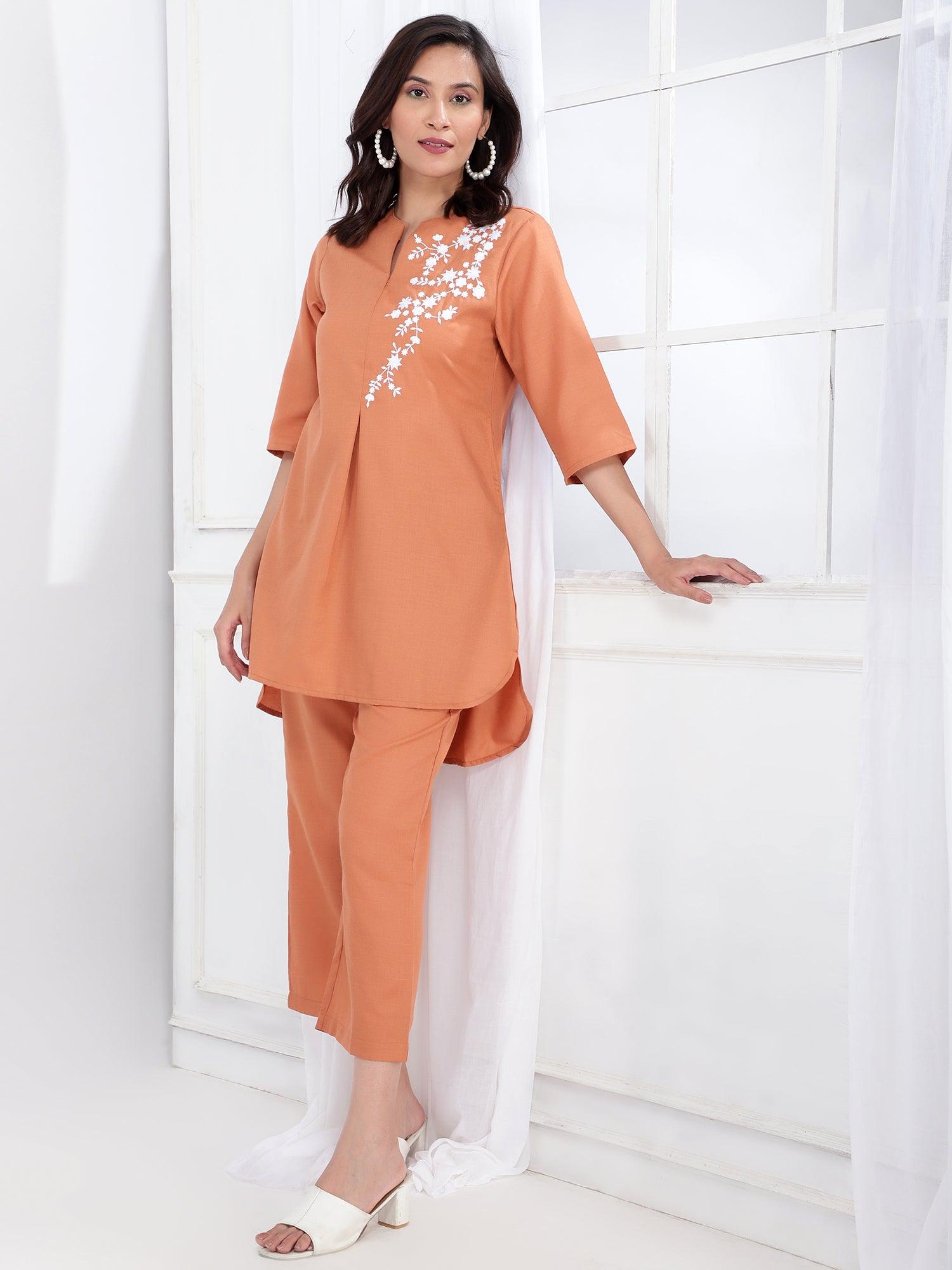 Embroidered V Neck Tunic With Trousers Co-Ords